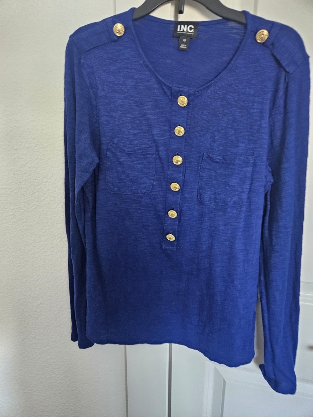 INC International Concepts Royal Blue Long Sleeve Button Henley Top